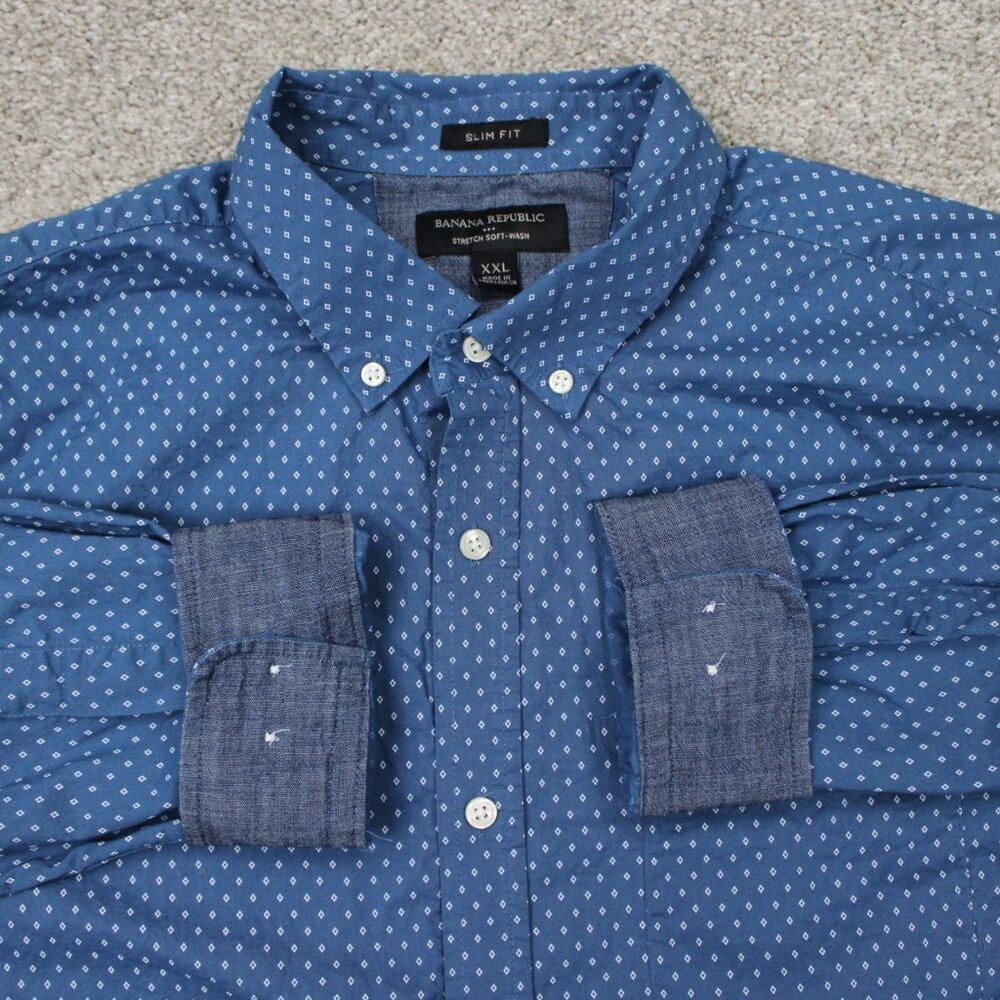 Banana Republic Stretch Soft-Wash Shirt Men 2XL XXL Blue Geometric Flip Cuff L/S